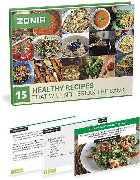 A ZONIA cookbook titled '15 HEALTHY RECIPES THAT WILL NOT BREAK THE BANK,' featuring a collage of various healthy dishes on its cover. Below it, two open recipe pages display ingredients, preparation steps, and a 'Nutrient-Rich Veggie Salad' with a photo.